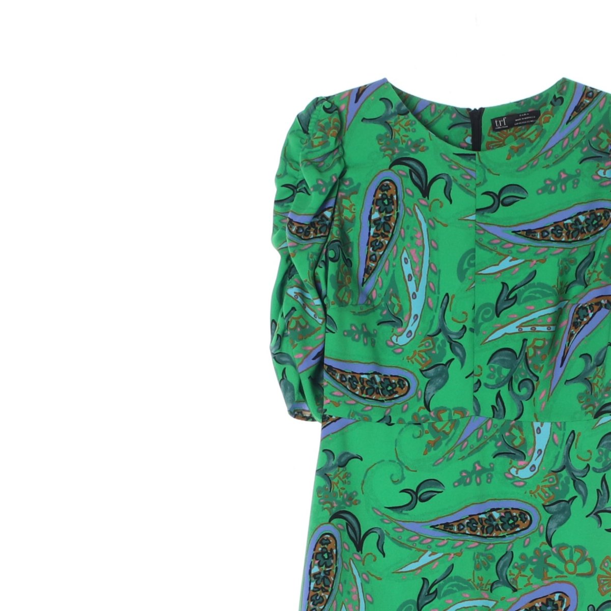 자라 그린 패턴 퍼프소매 반팔 원피스 이미지 2