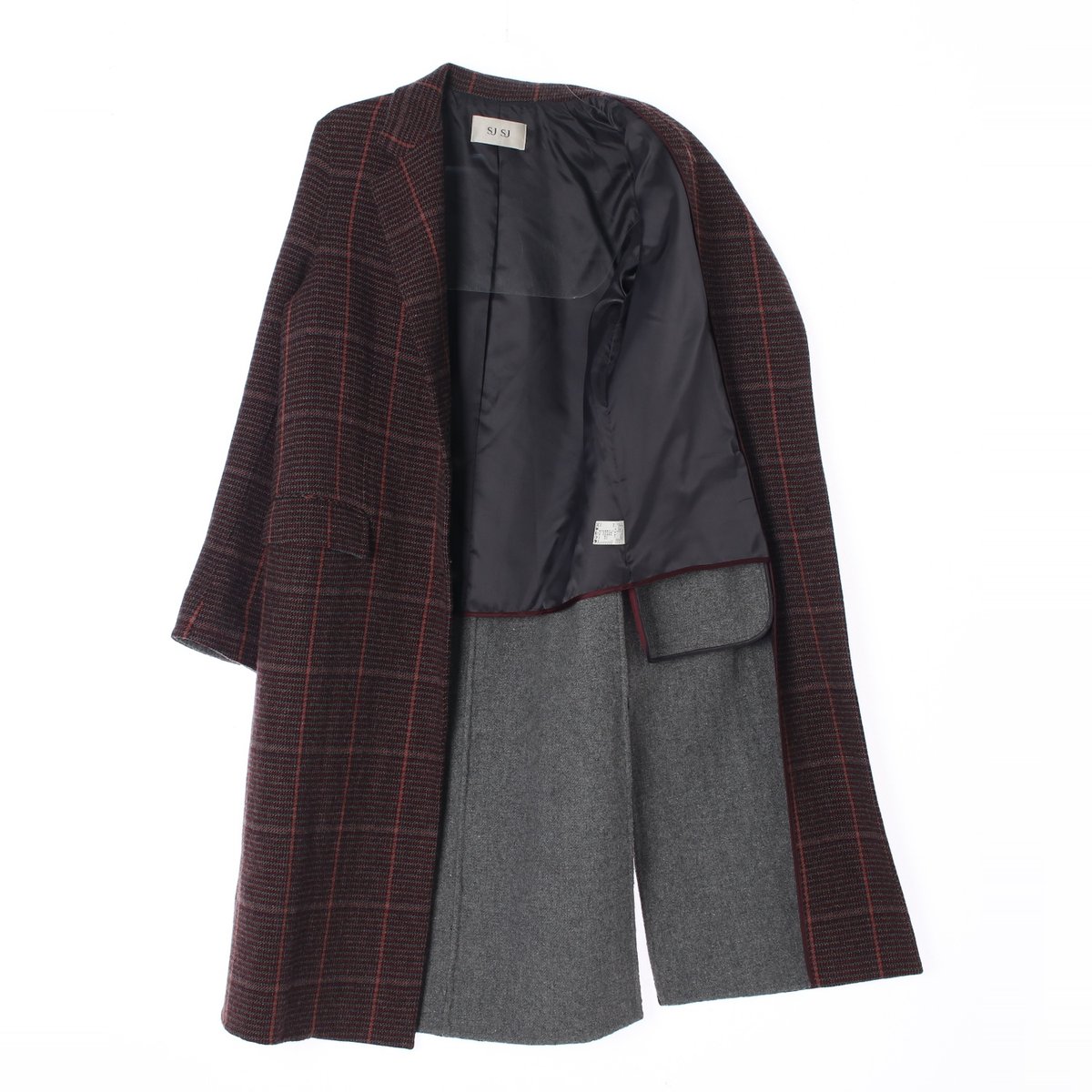 SJSJ에스제이에스제이 체크 슬릿 울 싱글 롱코트 이미지 4
