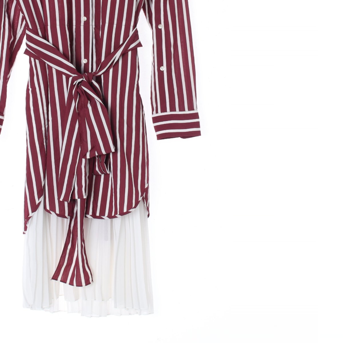 산드로 레드 리본 타이 플리츠 레이어드 롱 셔츠원피스 이미지 3