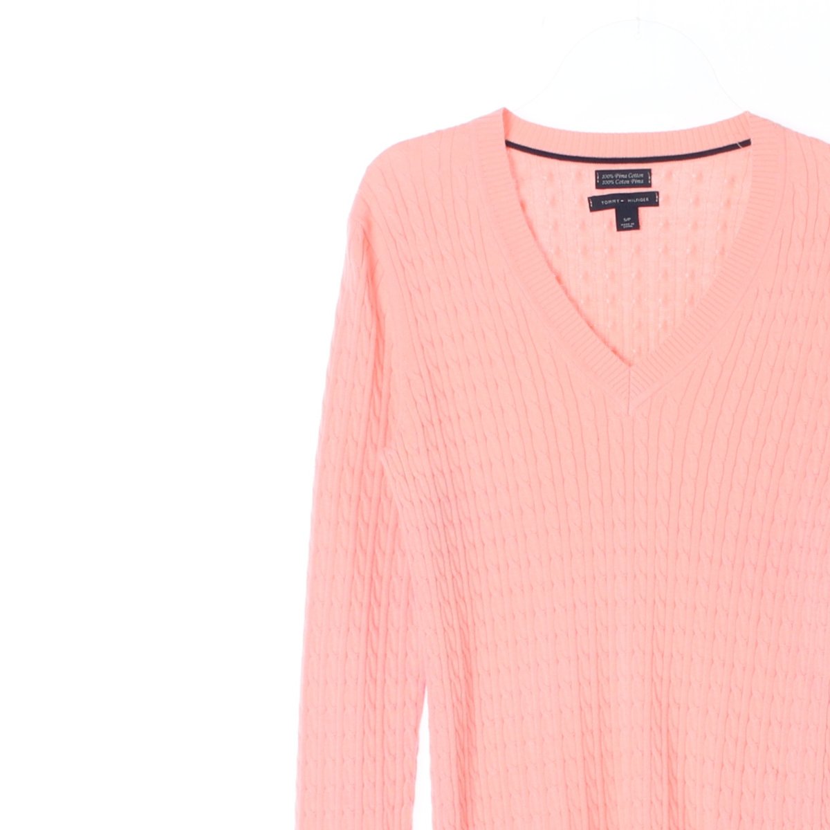 타미힐피거 코랄 코튼100% 브이넥 꽈배기 니트 스웨터 이미지 2