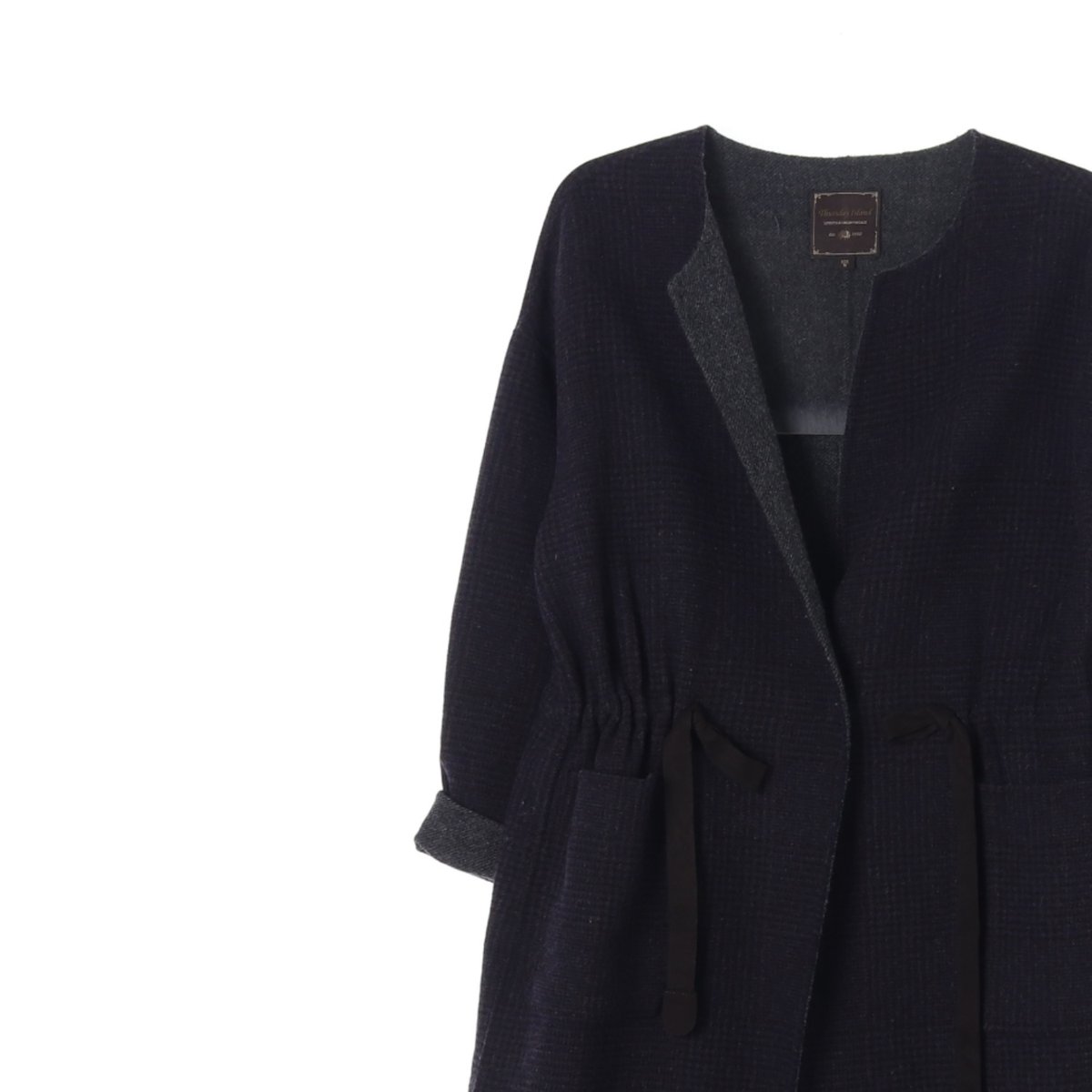 써스데이 아일랜드 울82% 네이비 노카라 롱코트 이미지 2