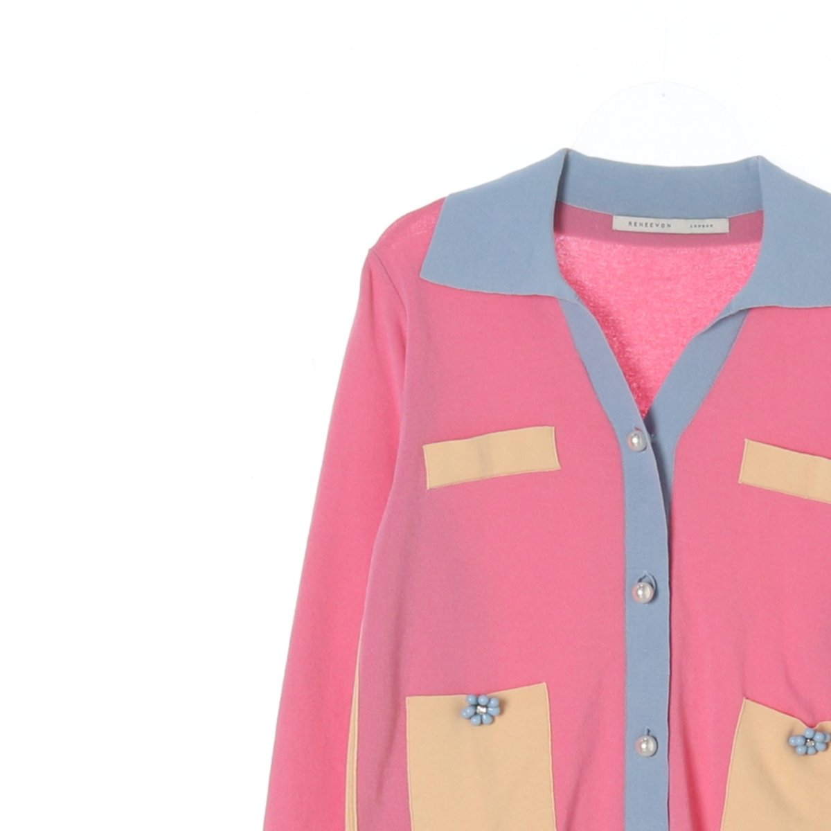 레니본 핑크 블루 진주버튼 카라 가디건 이미지 2