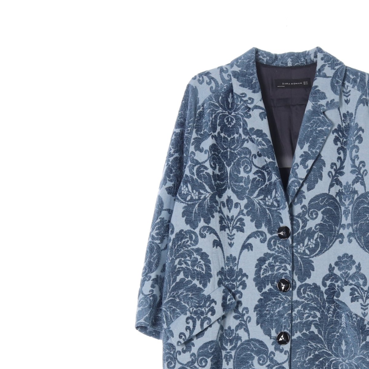 자라 블루 플로럴 자카드 패턴 싱글 롱코트 이미지 2