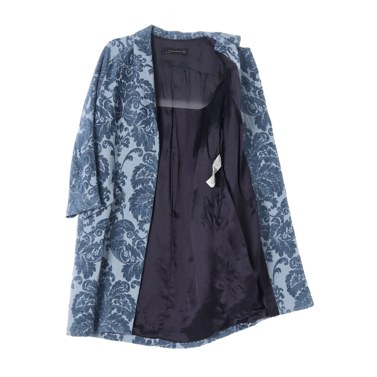 자라 블루 플로럴 자카드 패턴 싱글 롱코트 이미지 4