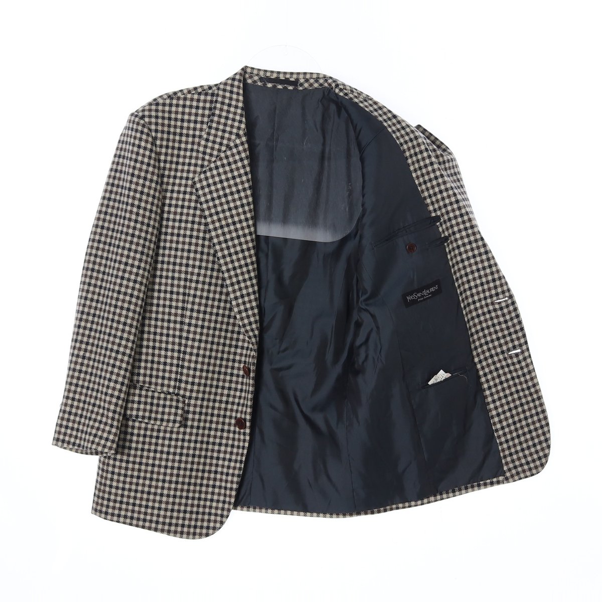입생로랑 울100% 베이지 체크 블레이저 싱글재킷 이미지 4