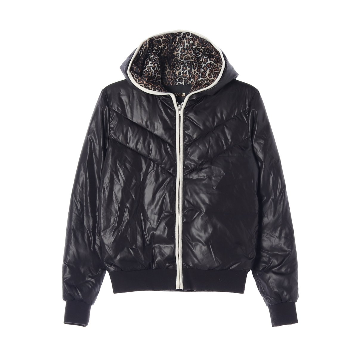 maje마쥬 블랙 레오파드 호피 안감 후드 숏 패딩 점퍼