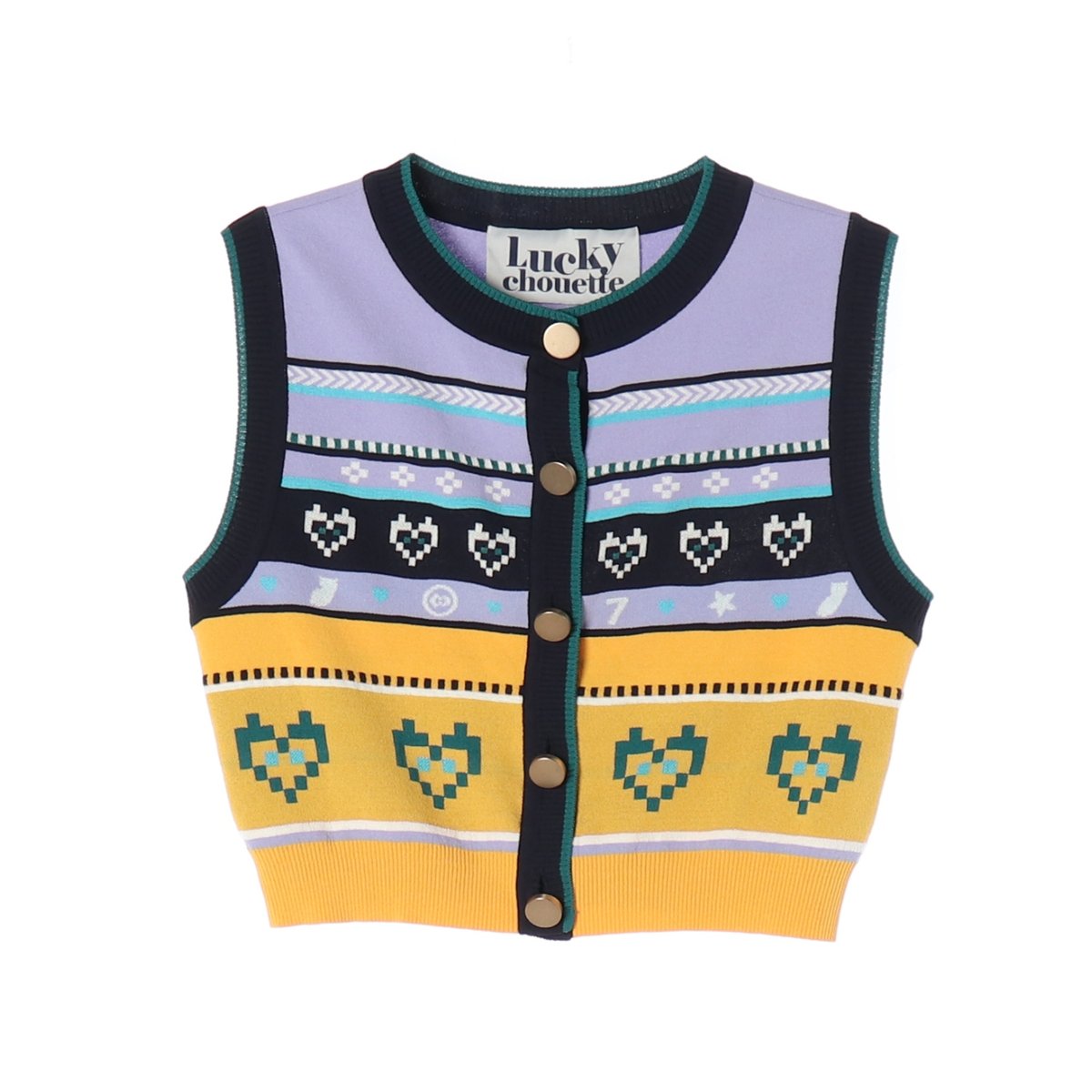 럭키슈에뜨 라벤더 옐로우 배색 크롭 민소매 가디건 22FW