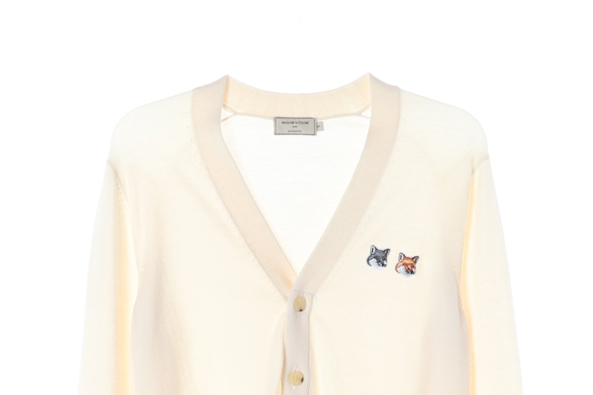메종키츠네 울100% 베이지 더블 폭스 헤드  패치 브이넥 니트 가디건 S 이미지 3