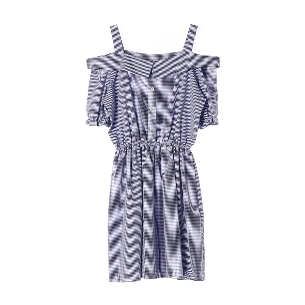 (새상품) 온앤온 깅엄 체크 오프숄더 코튼 숏 원피스