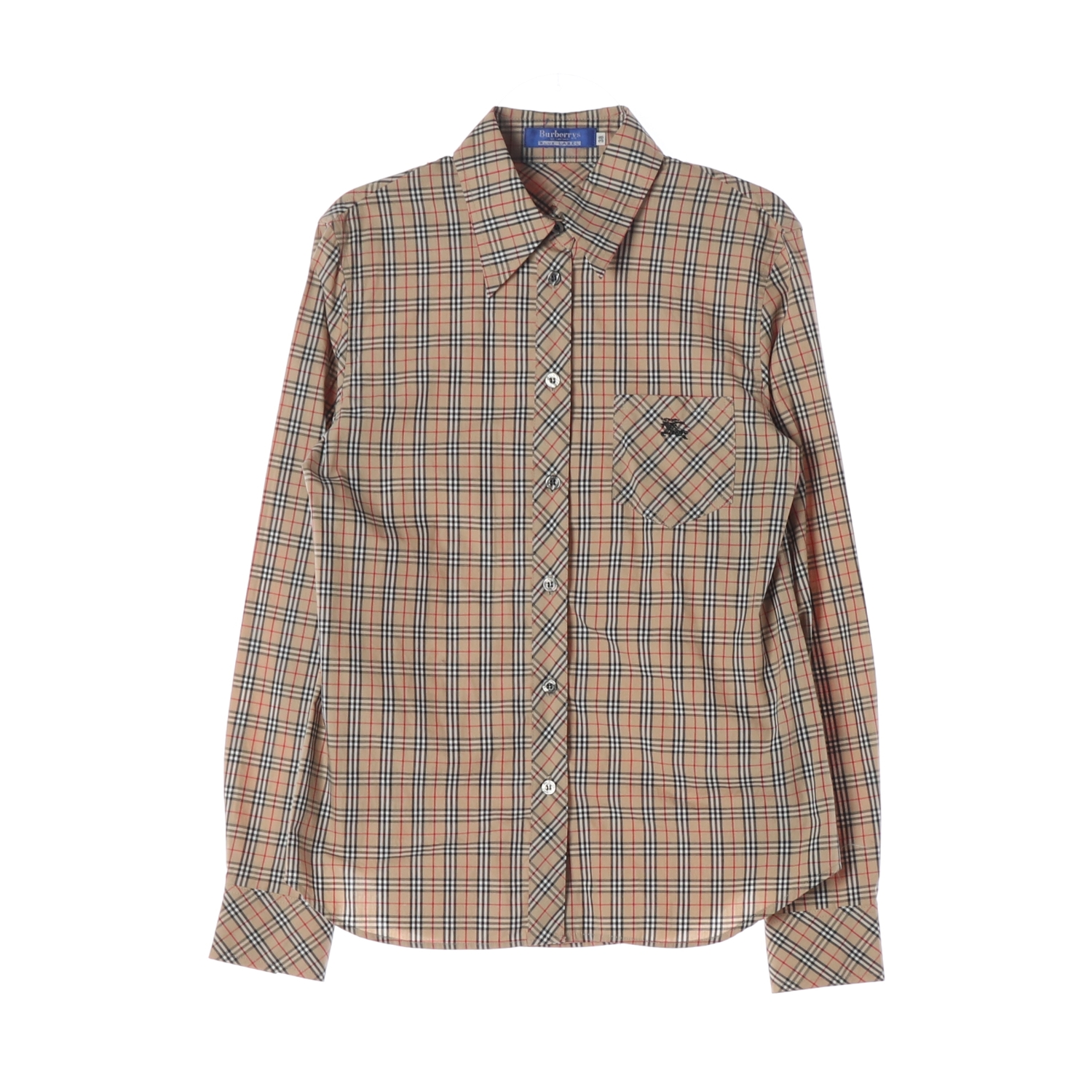 버버리 블루 라벨 시그니처 체크 로고 자수  포켓 코튼 셔츠