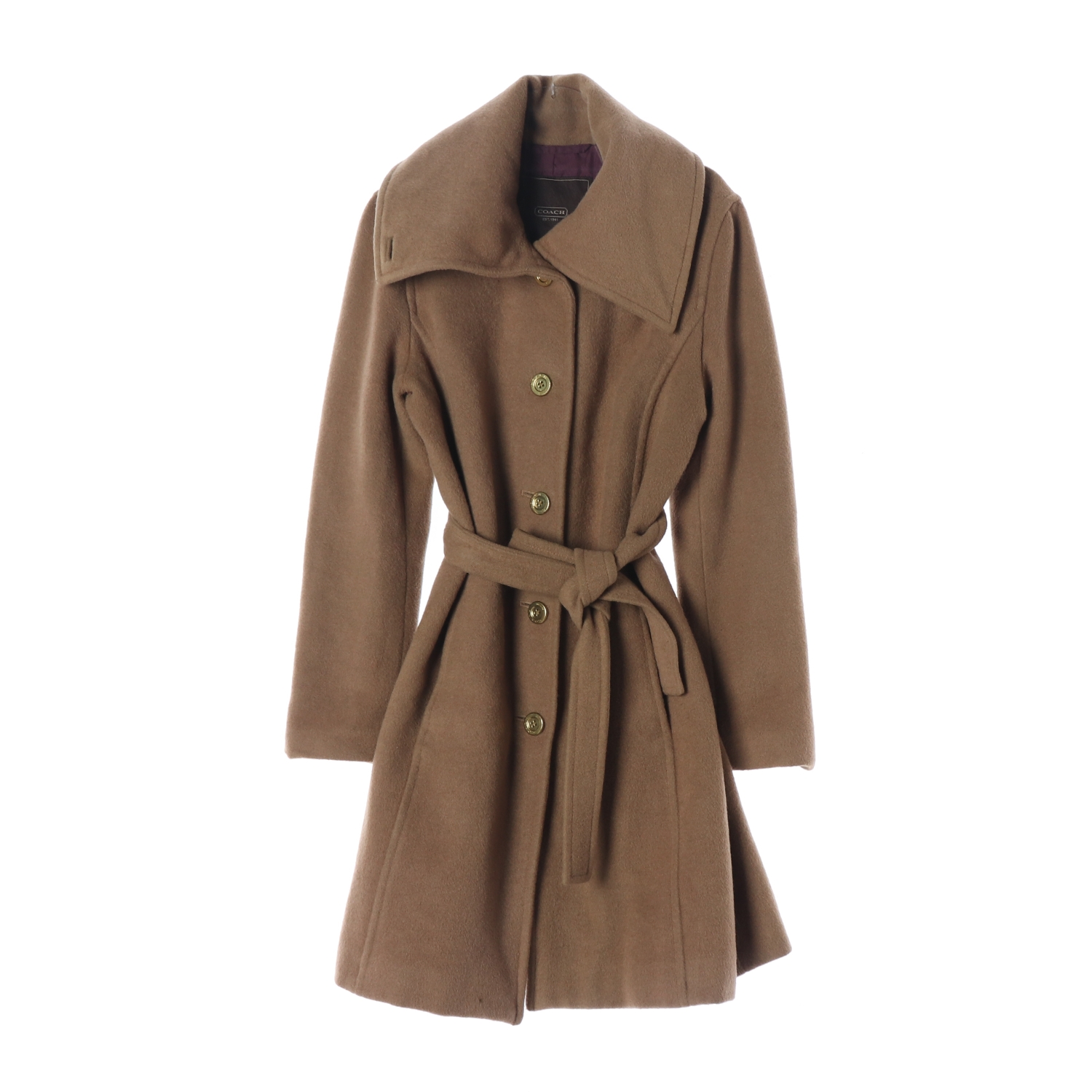코치 울 모헤어 80% 벨티드 와이드 카라 코트 카멜 