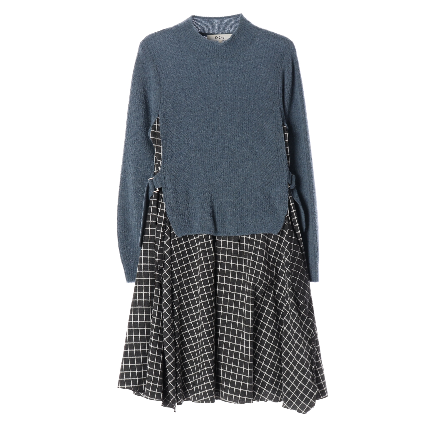 오즈세컨 울 니트 레이어드 체크 플레어 원피스