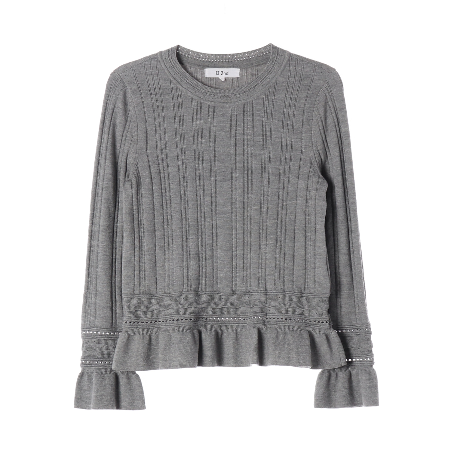 오즈세컨 리브 조직 페플럼 벨 슬리브 니트 스웨터