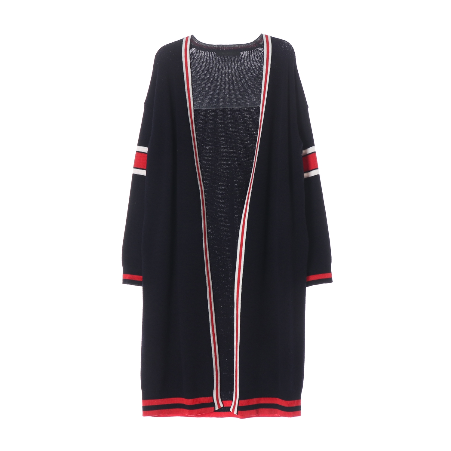 보브 VOV 배색 스트라이프 패턴 롱 울 100% 가디건