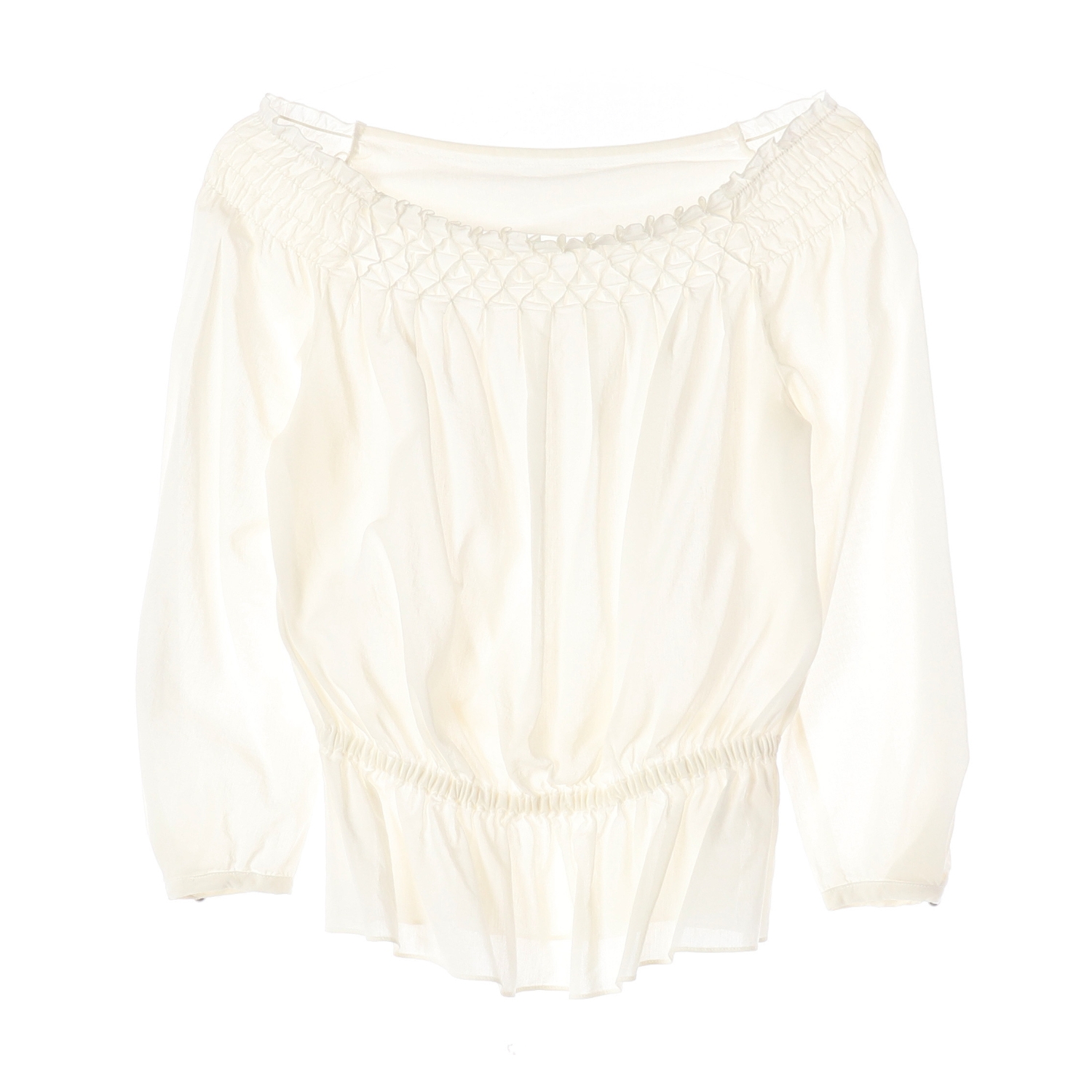 에스제이에스제이 SJSJ 오프숄더 셔링 코튼 블라우스 화이트