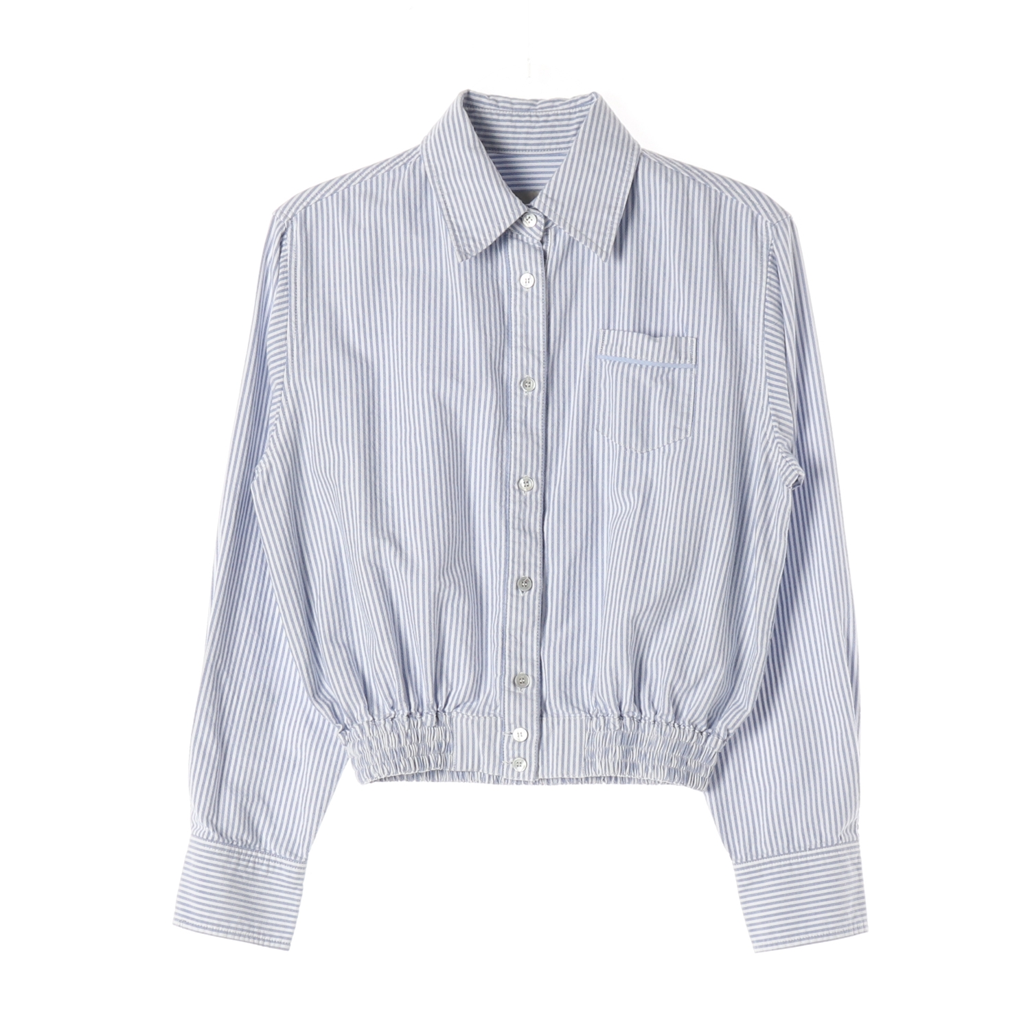 앤유 22SS 밑단 밴딩 시보리 스트라이프 면 셔츠 블루