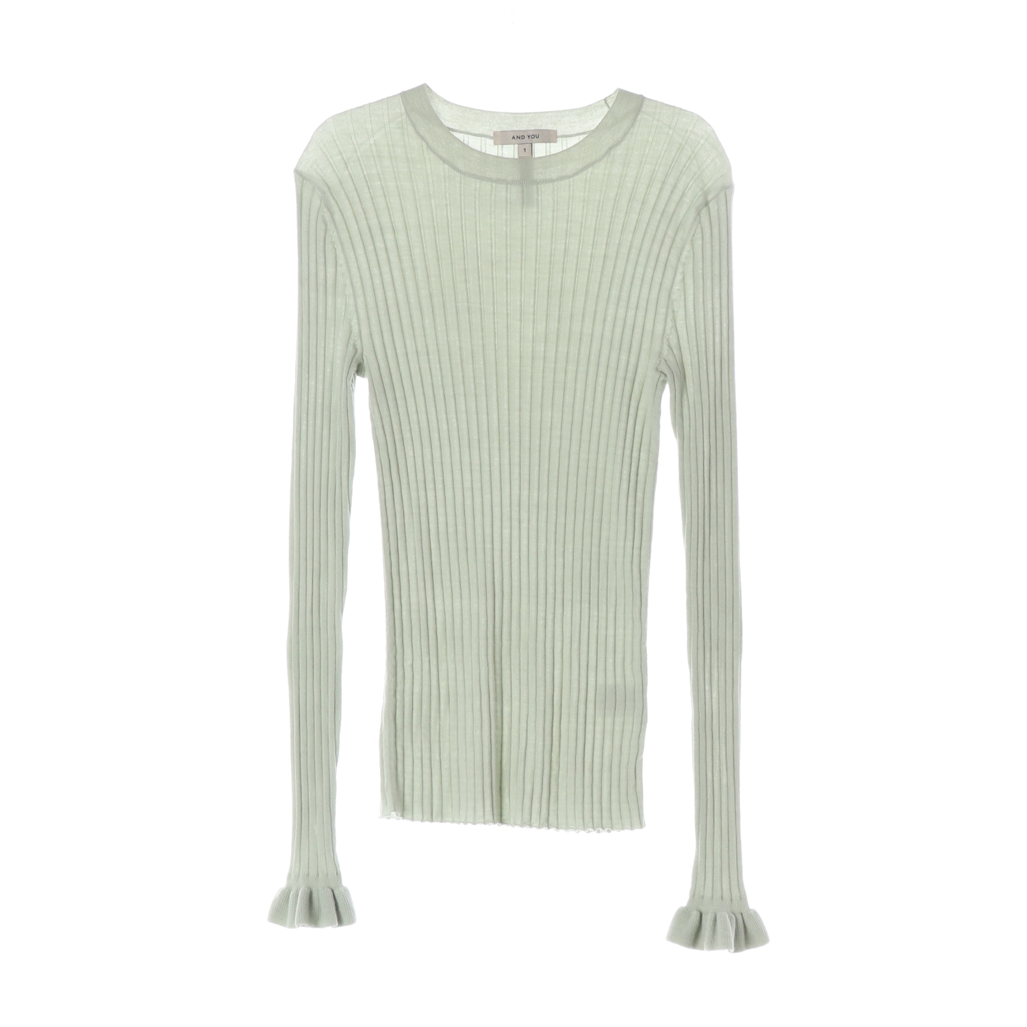 앤유 울 100% 러플 슬리브 리브 니트 롱 슬리브 티셔츠 라이트그린
