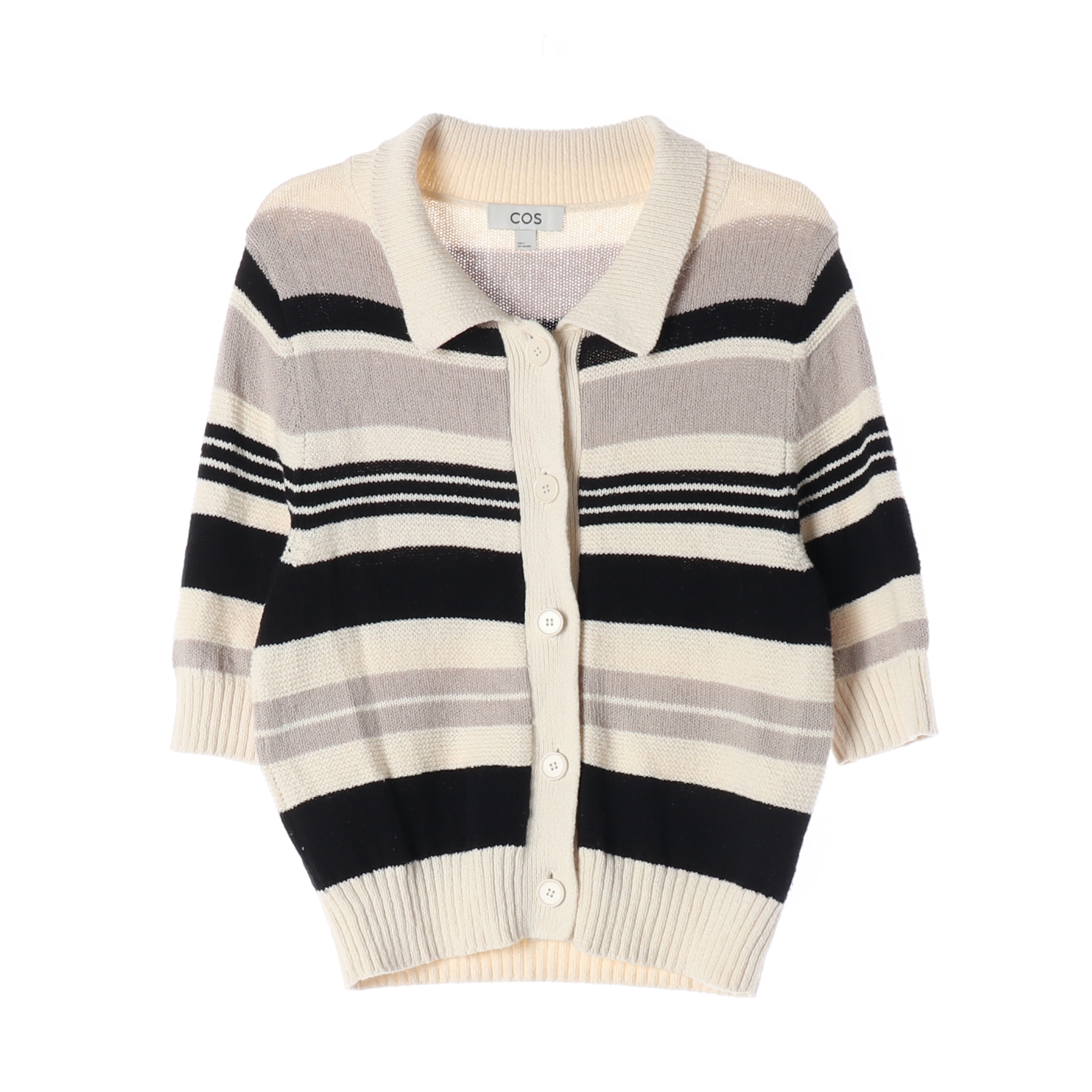 코스 스트라이프 코튼 반팔 카라 가디건