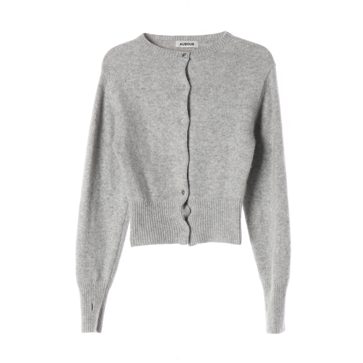 아우브아워 24FW 울 블렌드 핑거홀 라운드 니트 가디건 라이트그레이