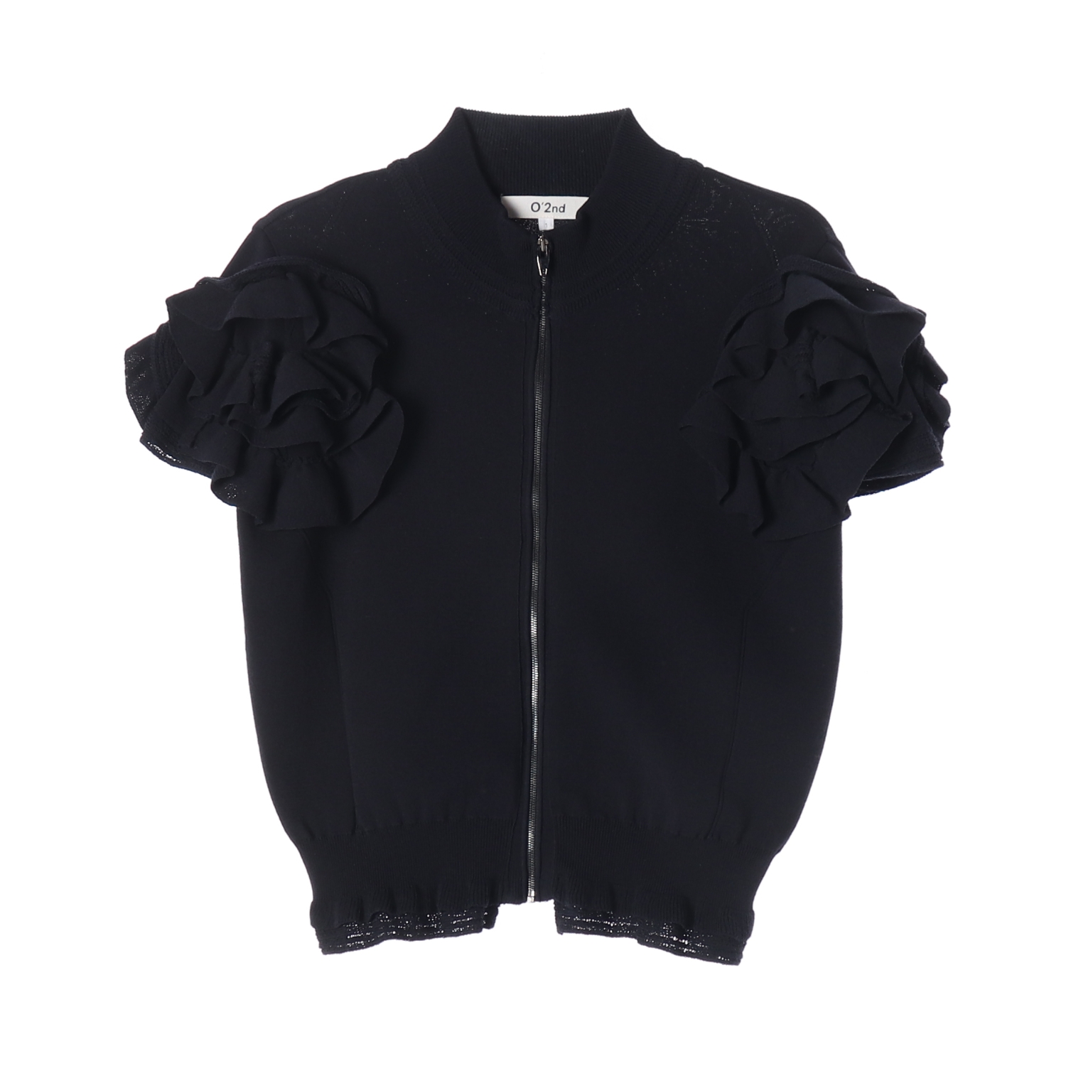 오즈세컨 러플 슬리브 반팔 집업 니트 가디건 다크네이비