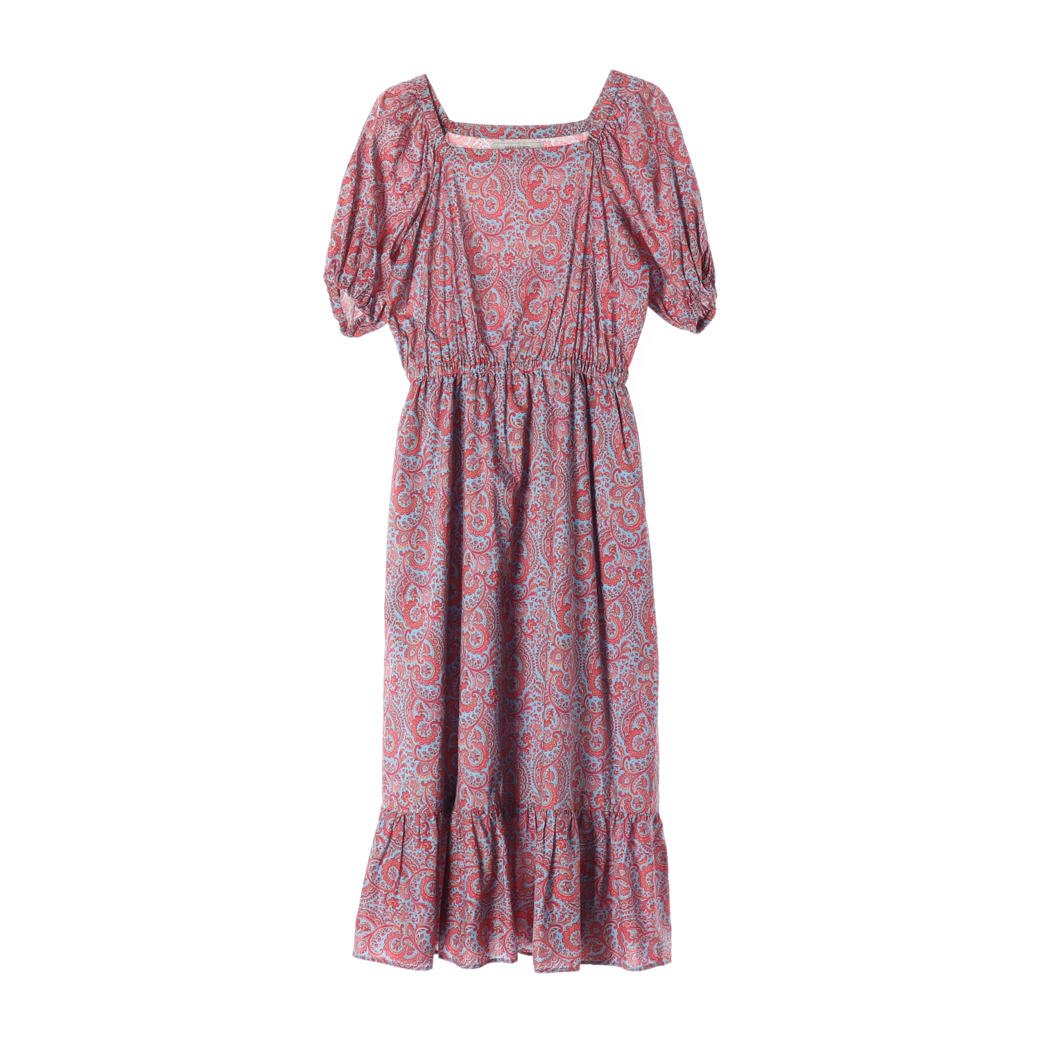 빔즈 라이트 플로럴 패턴 스퀘어넥 퍼프 반팔 롱 원피스 드레스