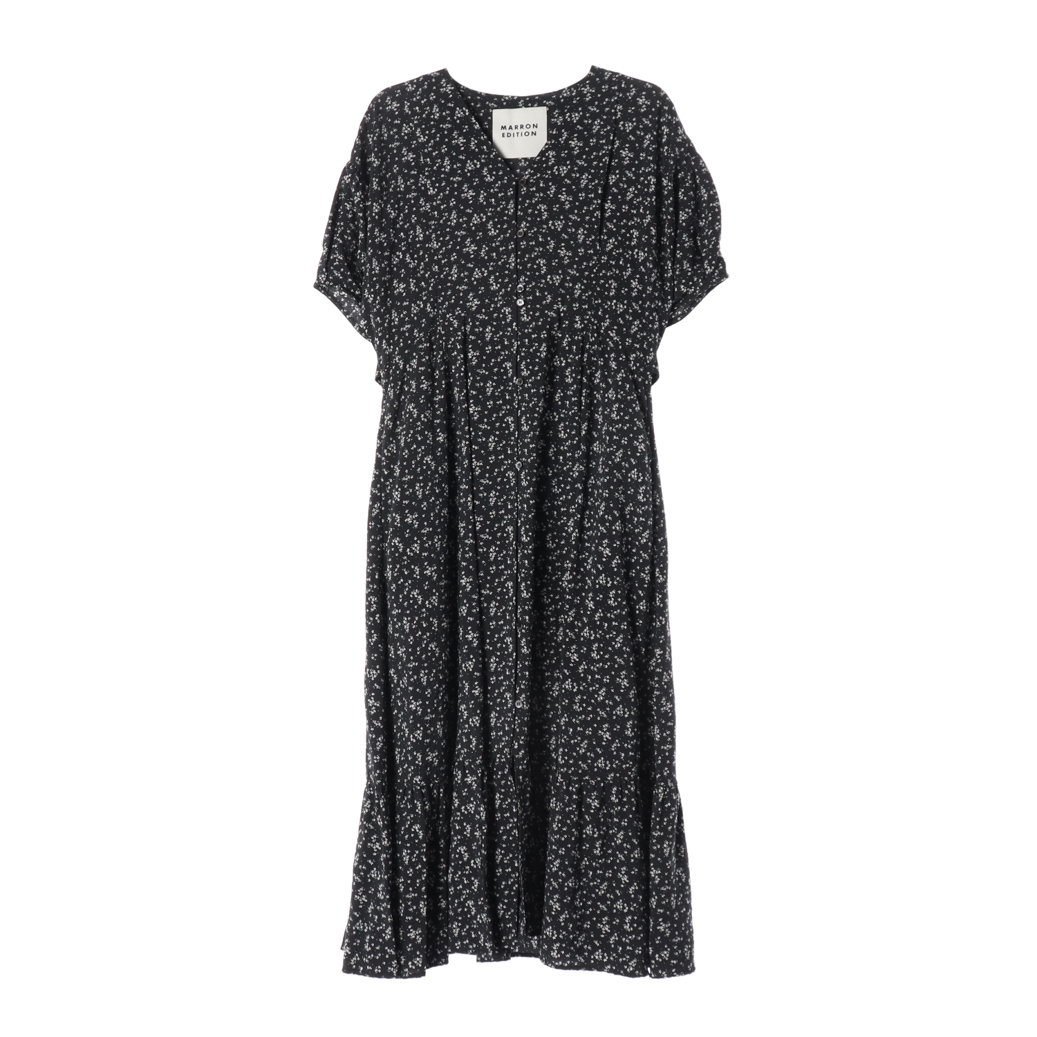 마론에디션 22SS 플로럴 잔꽃 브이넥 버튼 반팔 롱 원피스