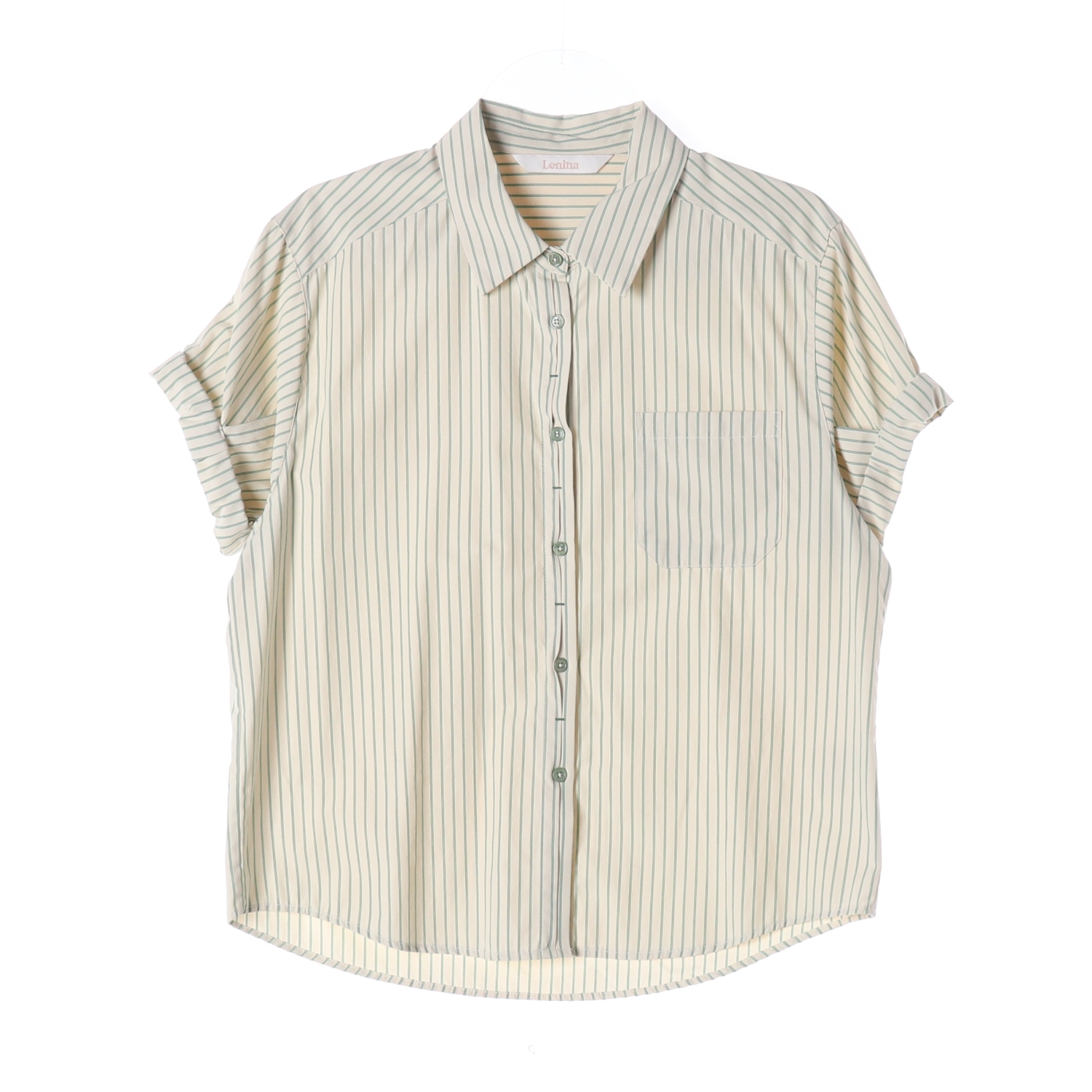 르니나 STALINE 스트라이프 롤업 슬리브 반팔 셔츠 그린