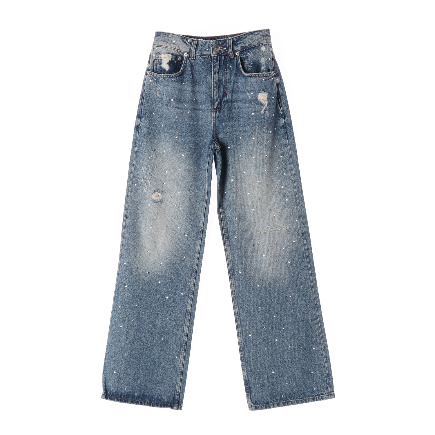 마쥬 큐빅 장식 디스트로이드 데님 스트레이트 팬츠