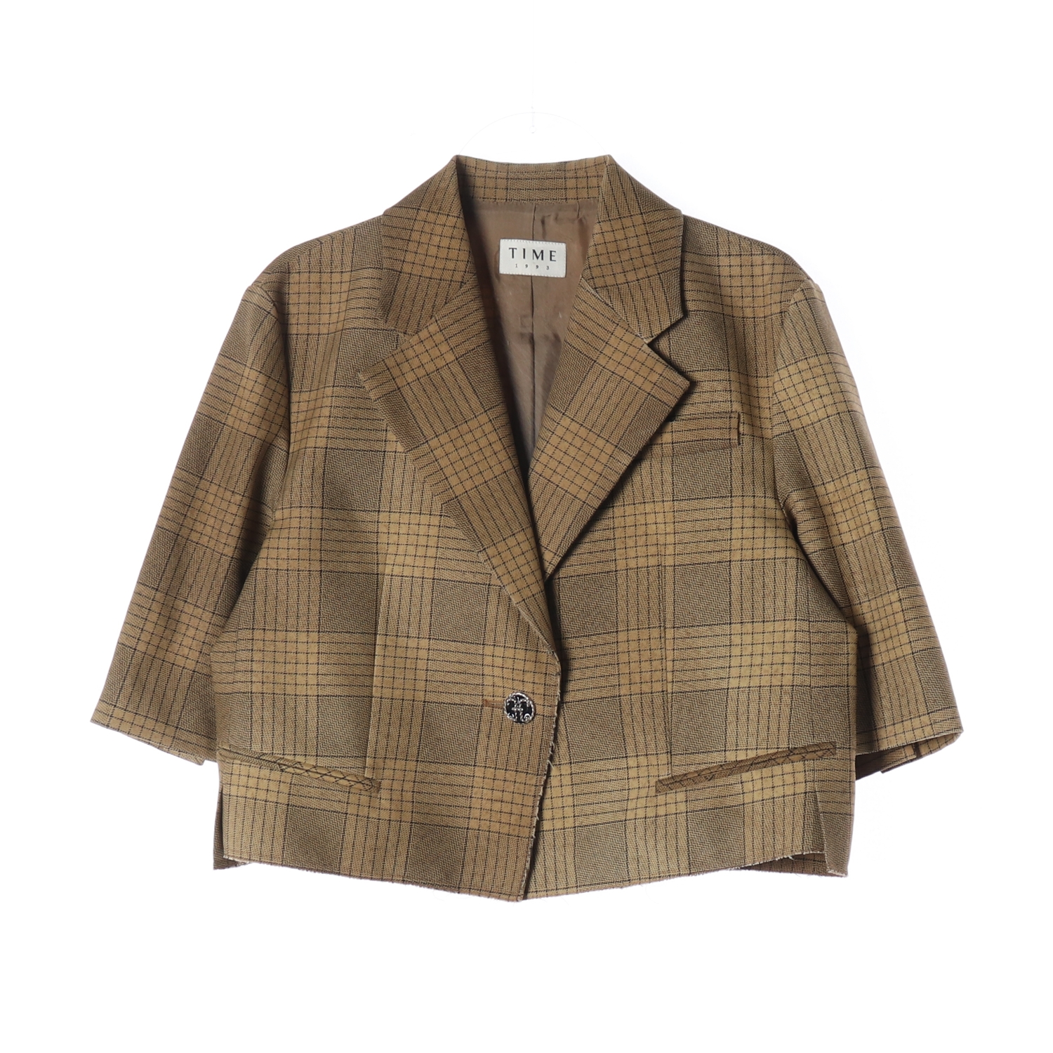 타임 체크 패턴 크롭 블레이저 재킷 베이지