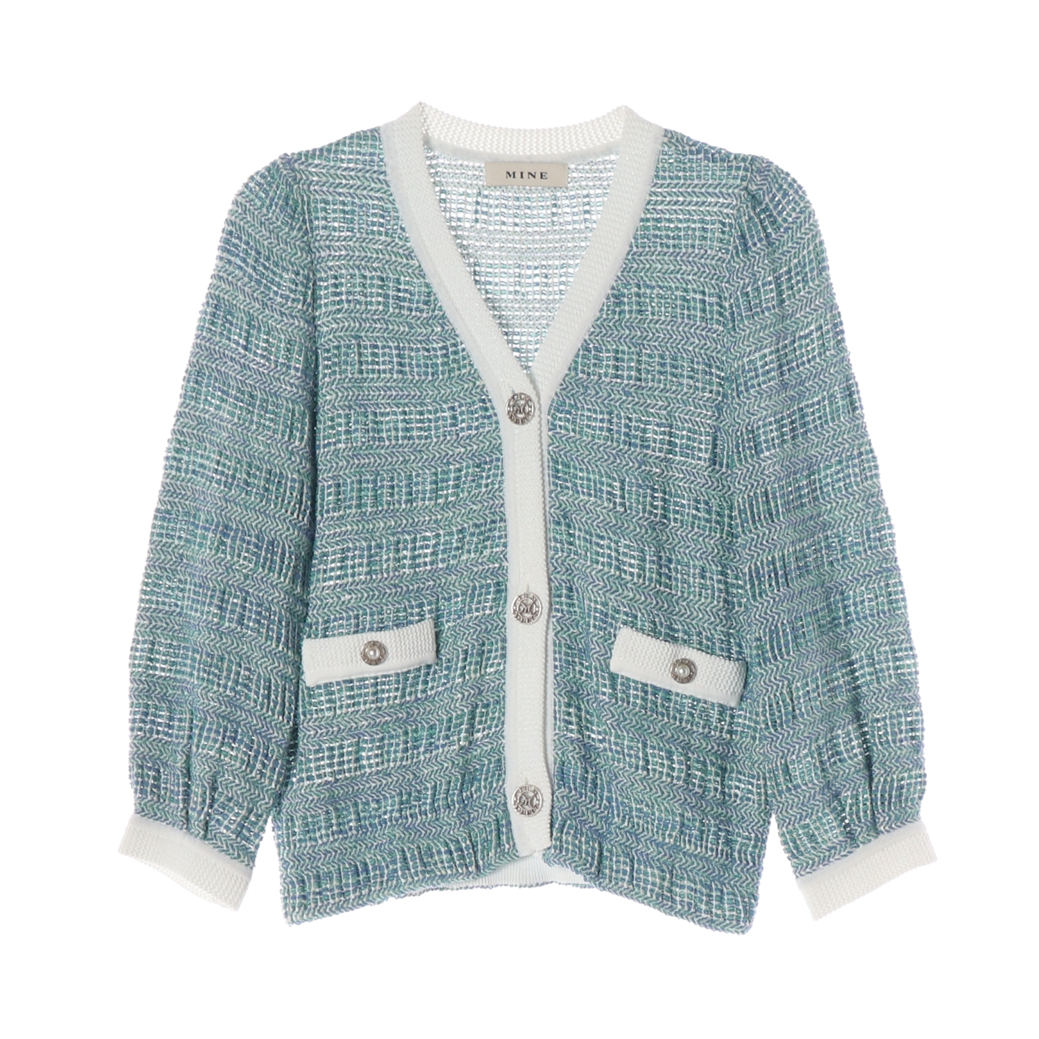 마인 21SS 배색 트위드 브이넥 니트 가디건 그린