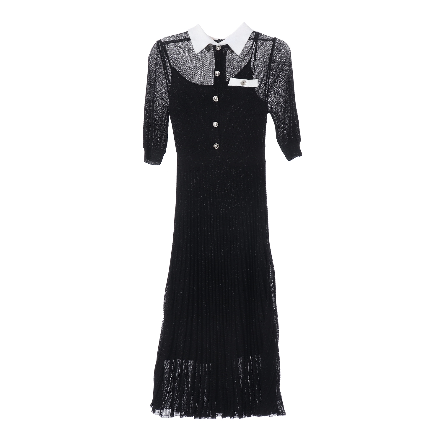 지고트  배색 카라 니트 플리츠 롱 원피스 슬립 세트