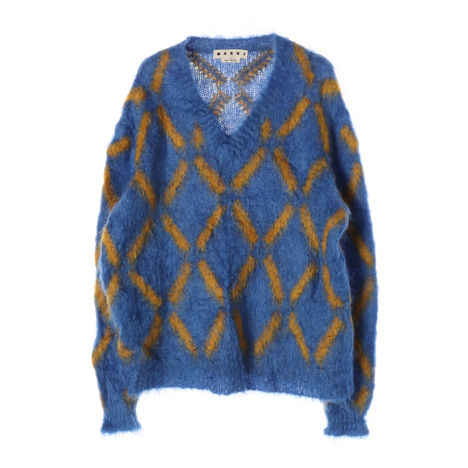 마르니 모헤어 다이아 패턴 브이넥 니트 스웨터 블루 