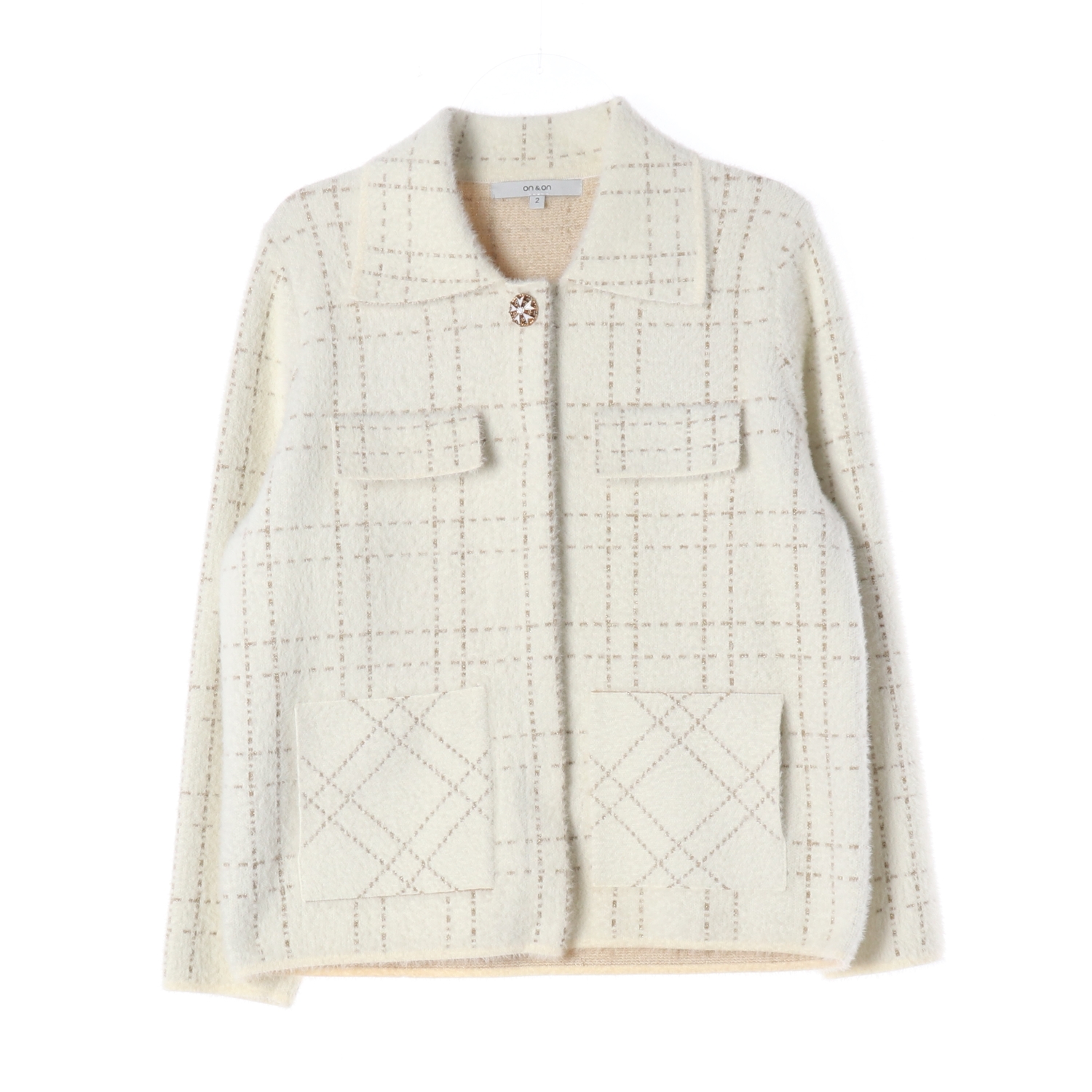 온앤온 체크 패턴 트위드 가디건 재킷